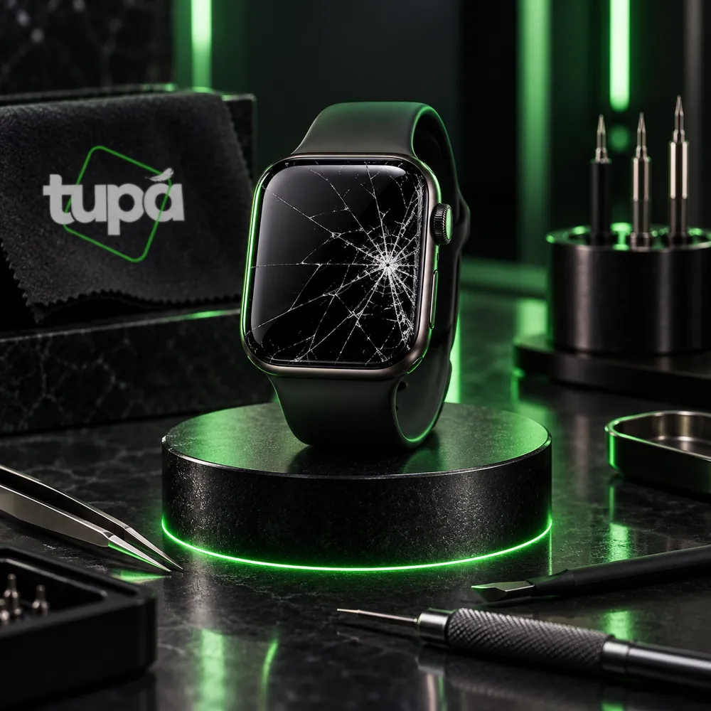 Smartwatch com vidro trincado sobre a bancada