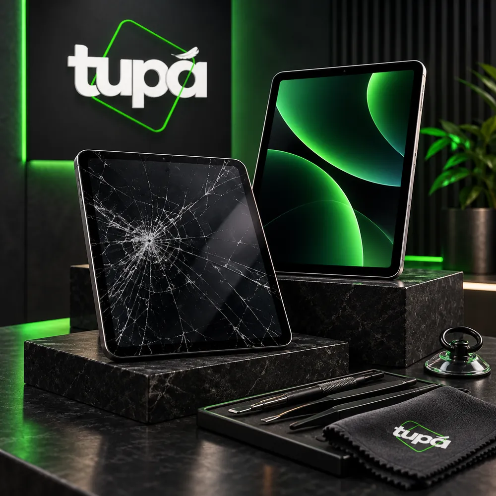 Tablet com tela trincada sobre a bancada